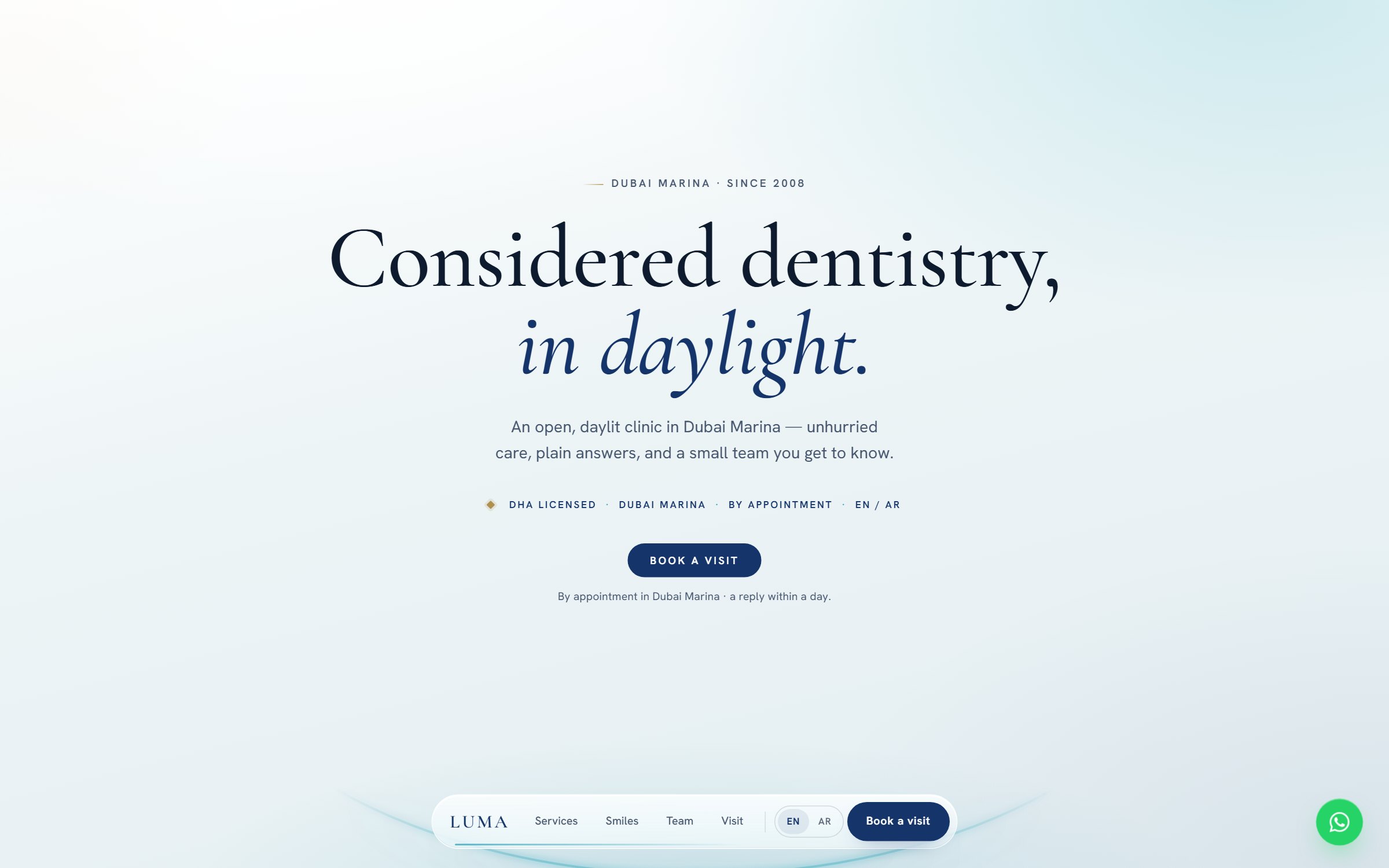 Luma — A bright daylight clinic, navigated from one floating glass dock.